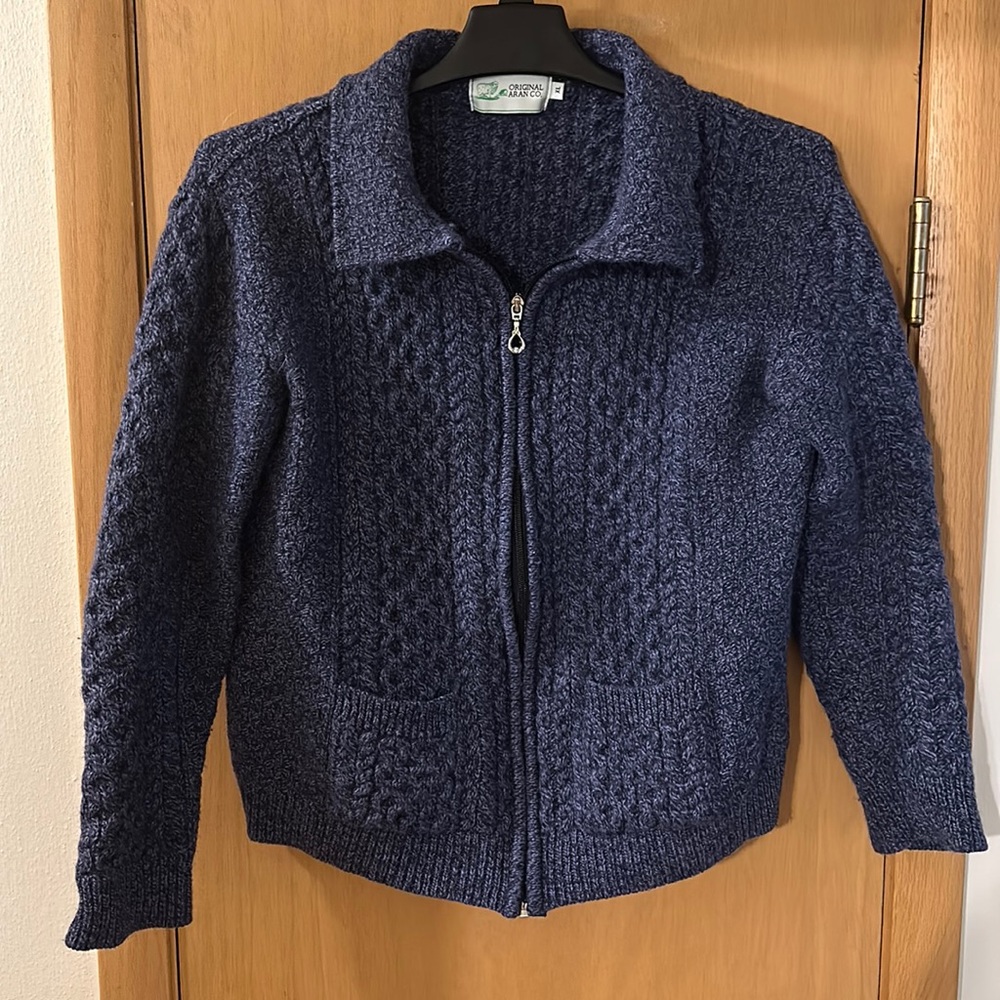 Original Aran Co Women’s Merino Wool Knit Irish Full Zip Sweater Blue Size XL